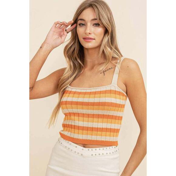 Square Neck Printed Tank Sweater Top: Orange Multi - Picture 1 of 5